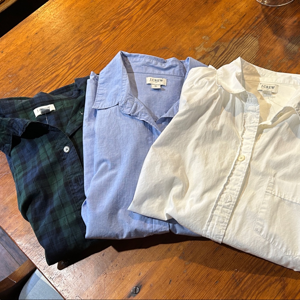Set of Three Ladies Button-Up Shirts - White, Blue, and Green Plaid